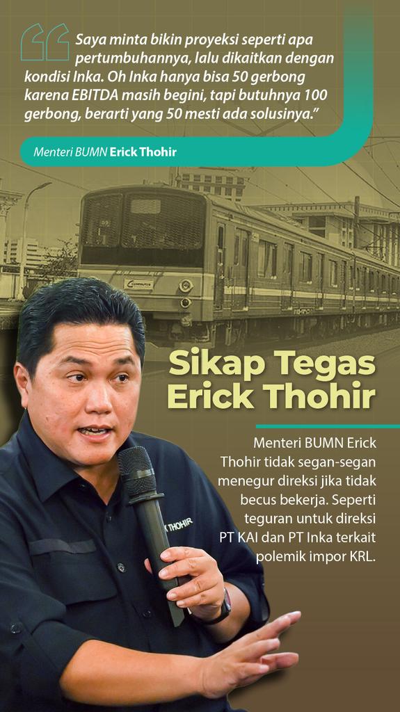 CakCaping's tweet photo. Menteri BUMN Erick Thohir tidak segan-segan menegur direksi jika tidak becus bekerja. Seperti
teguran untuk direksi PT KAI dan PT Inka terkait polemik impor KRL.
#BangkitBersamaET https://t.co/YCacdv66gR