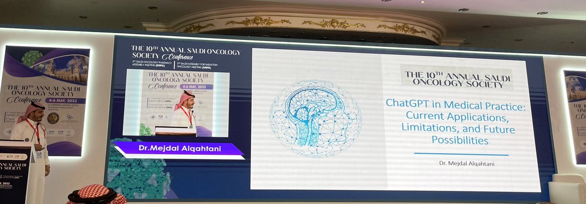 SOPS_SA's tweet photo. Dr. Mejdal Alqahtani is now highlighting the uses of ChatGPT in Medical Practice: current applications, limitations, and future possibilities

#4thSOPA 
#10thSOS https://t.co/z208W5vOoY