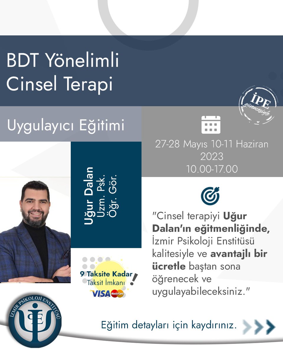 izmir_psikoloji's tweet image. BDT Yönelimli Cinsel Terapi Uygulayıcı Eğitimi başlıyor!

Detaylı bilgi ve Ön kayıt formu için web sitemizi ziyaret edebilir ya da 0537 215 93 97 numaralı hattımızdan bizlerle iletişime geçebilirsiniz!

#cinselterapi #cinsel #uğurdalan #uzaktaneğitim #uygulayıcıegitim