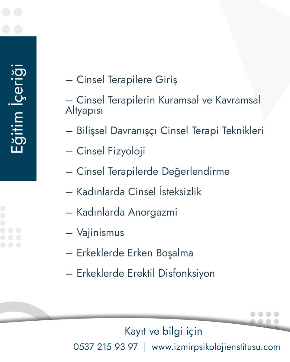 izmir_psikoloji's tweet image. BDT Yönelimli Cinsel Terapi Uygulayıcı Eğitimi başlıyor!

Detaylı bilgi ve Ön kayıt formu için web sitemizi ziyaret edebilir ya da 0537 215 93 97 numaralı hattımızdan bizlerle iletişime geçebilirsiniz!

#cinselterapi #cinsel #uğurdalan #uzaktaneğitim #uygulayıcıegitim