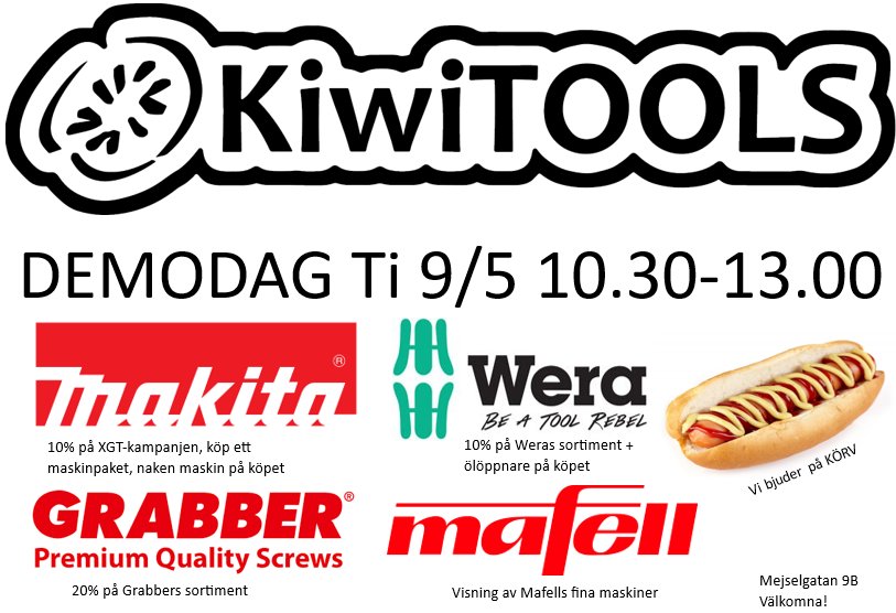 _KiwiTOOLS's tweet photo. Demodag tisdag 9/5 kl 10.30-13  på Mejselgatan 9B i Skellefteå. 
📣10% på Makitas XGT-kampanj, köp ett  maskinpaket få en naken maskin på köpet
📣10% på Weras sortiment och kapsylöppnare på köpet
📣Visning av Mafells grymma snickerimaskiner
📣 20% på Grabber skruv 
#KiwiTOOLS https://t.co/ucSsLWrO0Z