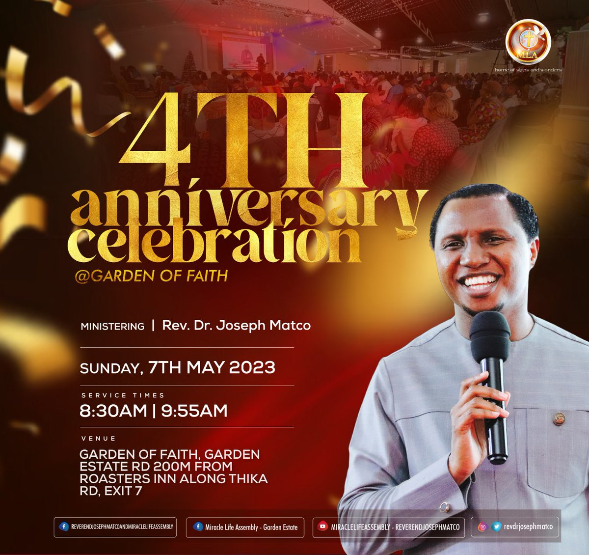 It is our 4th anniversary celebrations at Garden of Faith! 

Join us for this feast of Grace as we return to give thanks to God for His faithfullness
Date:Sunday,30th April to Sunday, 7th May2023.

#GOF4THanniversary 
#May2023mymonthofcelebrationandthanksgiving
#revmatco