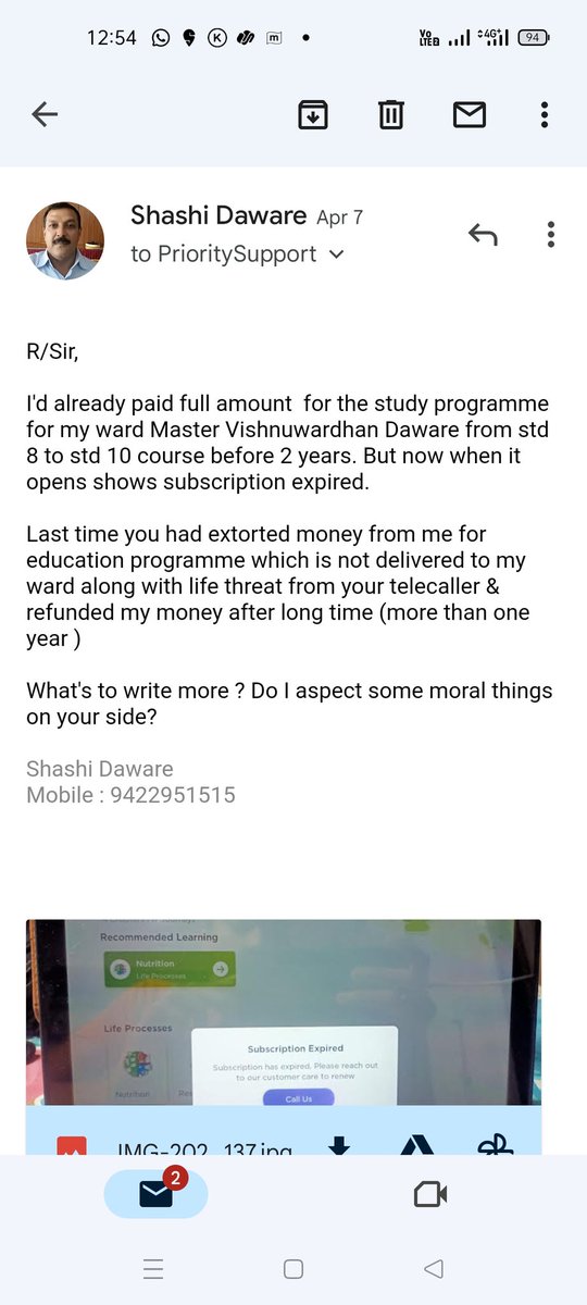 shashi82079's tweet photo. @BYJUS just see my previous mail to byju https://t.co/5U7wk3JIq9