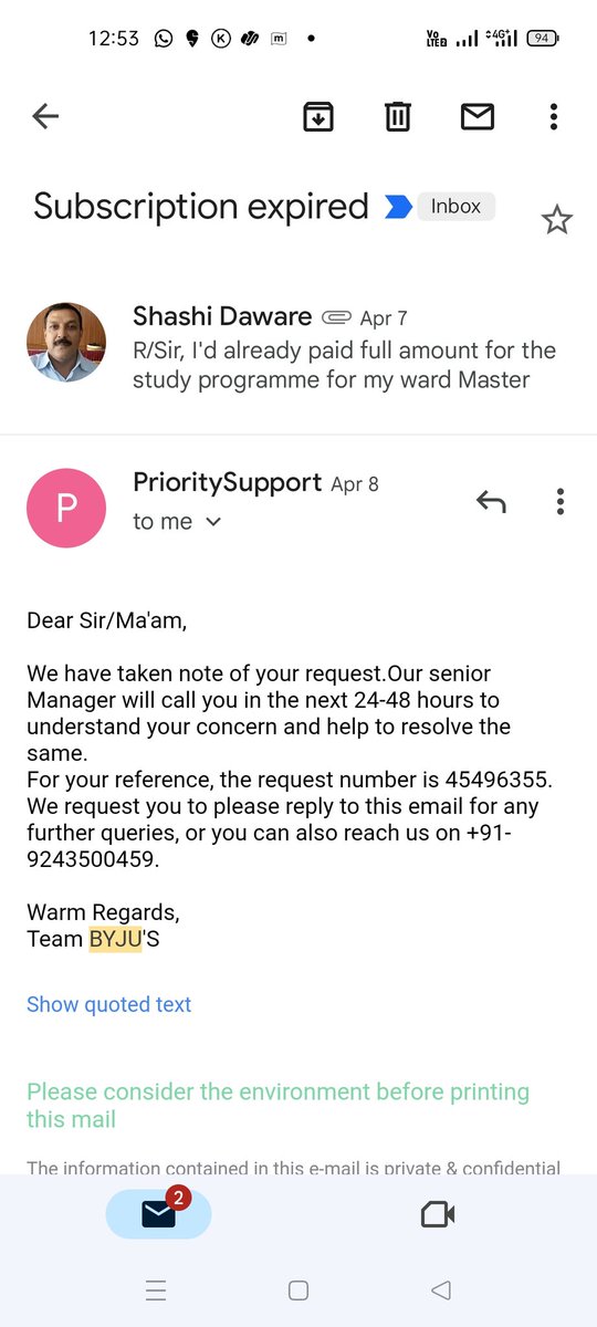 shashi82079's tweet photo. @BYJUS their reply https://t.co/6U60mNKXck