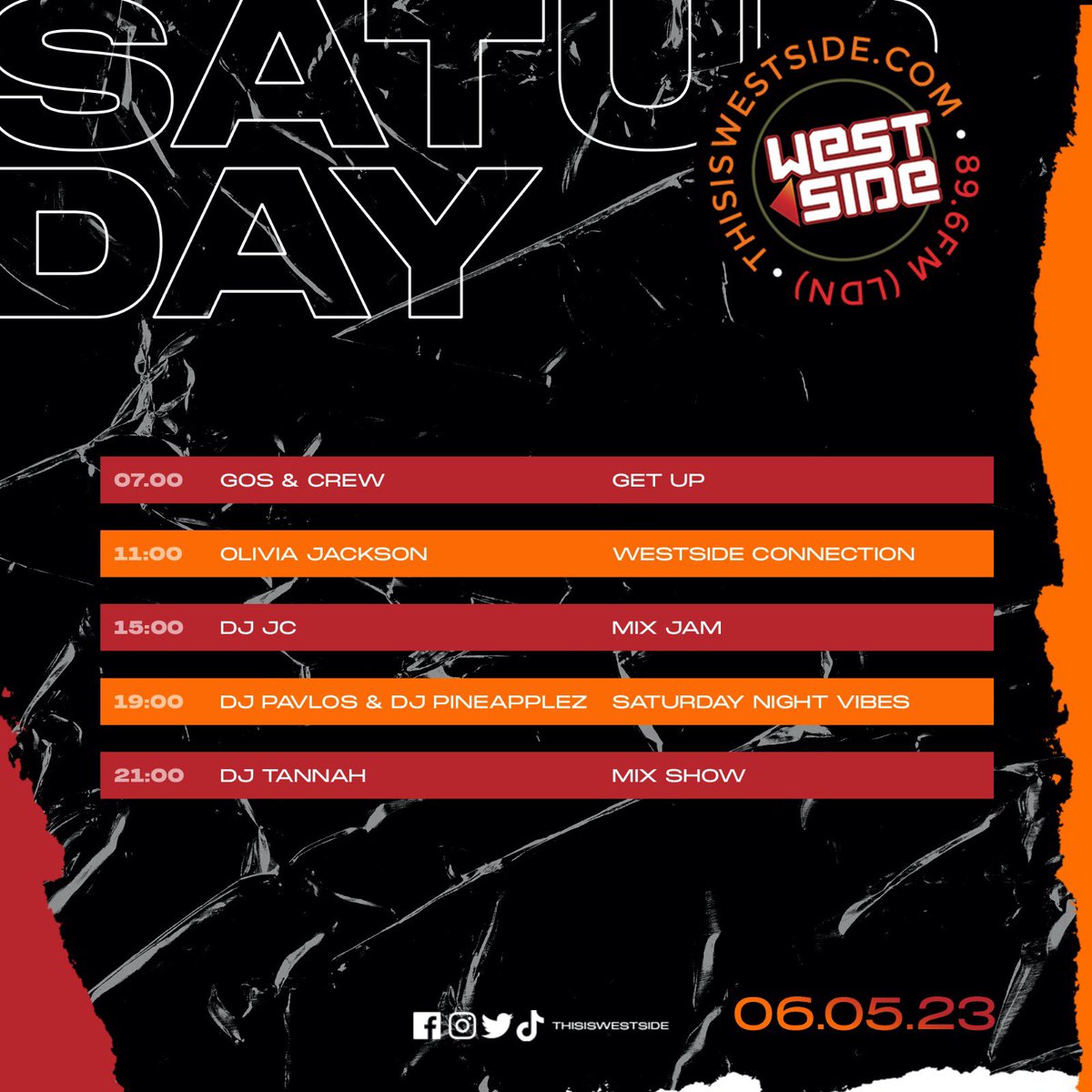 SATURDAY 06.05.23 

7-11 <a href="/GosAndCrew/">Gos</a> <a href="/bhavotelli/">BHAVOTELLI</a> <a href="/danjonesyy/">Dan Jones</a> 

11-3 <a href="/Liv_london_/">Olivia Jackson</a> 

3-7 <a href="/DJJCLDN/">DJ JC</a> 

7-9 <a href="/realdjpavlos/">PAVLOS</a> <a href="/DJPineapplez/">Dj Pineapplez</a> 

9-11 @dj_tannah