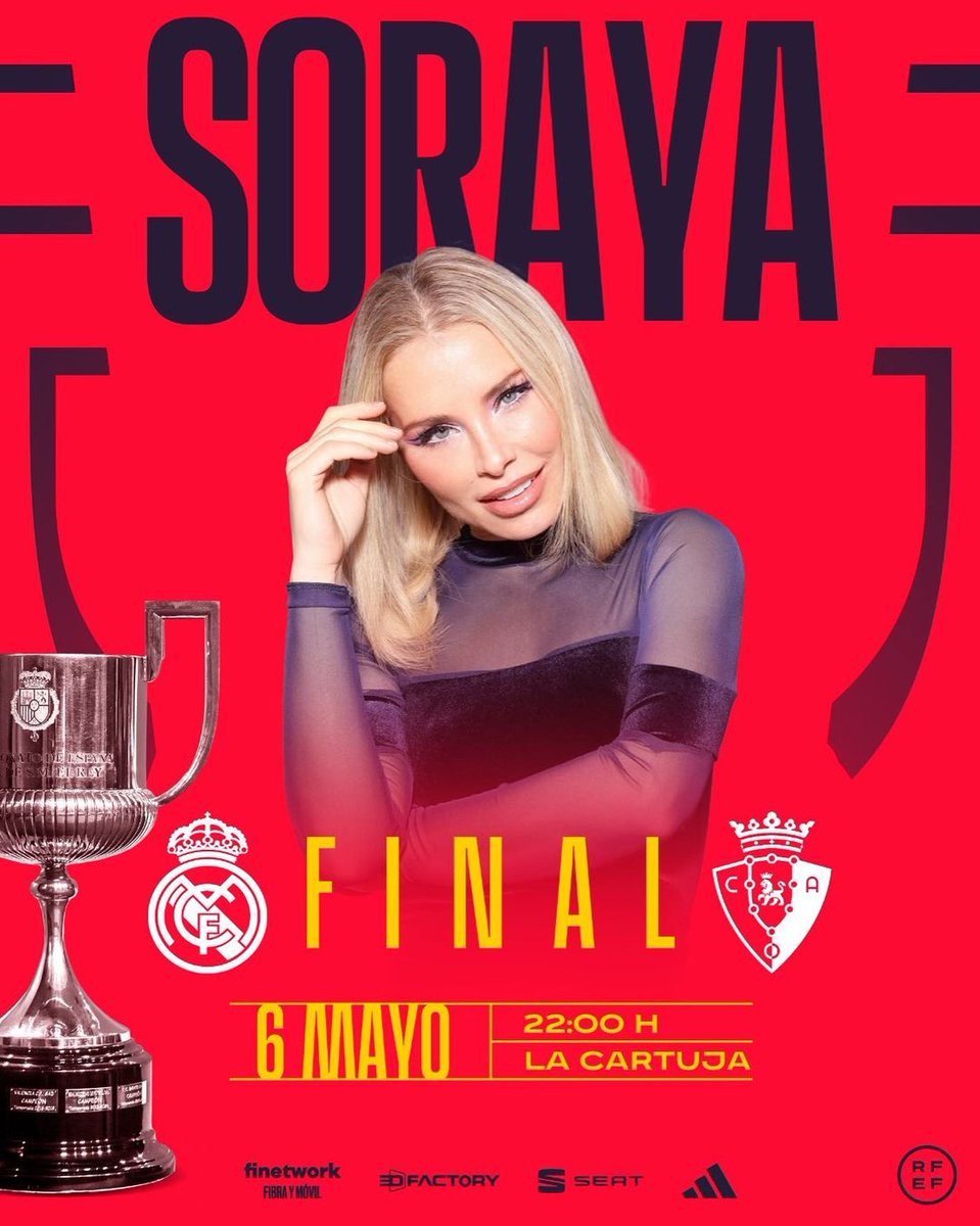 🎤  @SorayaArnelas en concierto 
📅 Sábado 06.05.2023
🕑 19:15h 
🏙️ Sevilla 
🕋 La Cartuja 
⚽️ Final Copa del Rey
@ArtistaSuspiria 
#SorayaArnelas #Concierto #Gira2023 #LaCitaSoraya #MiMundoSinTi #TeQuieroATi #SegundaParte