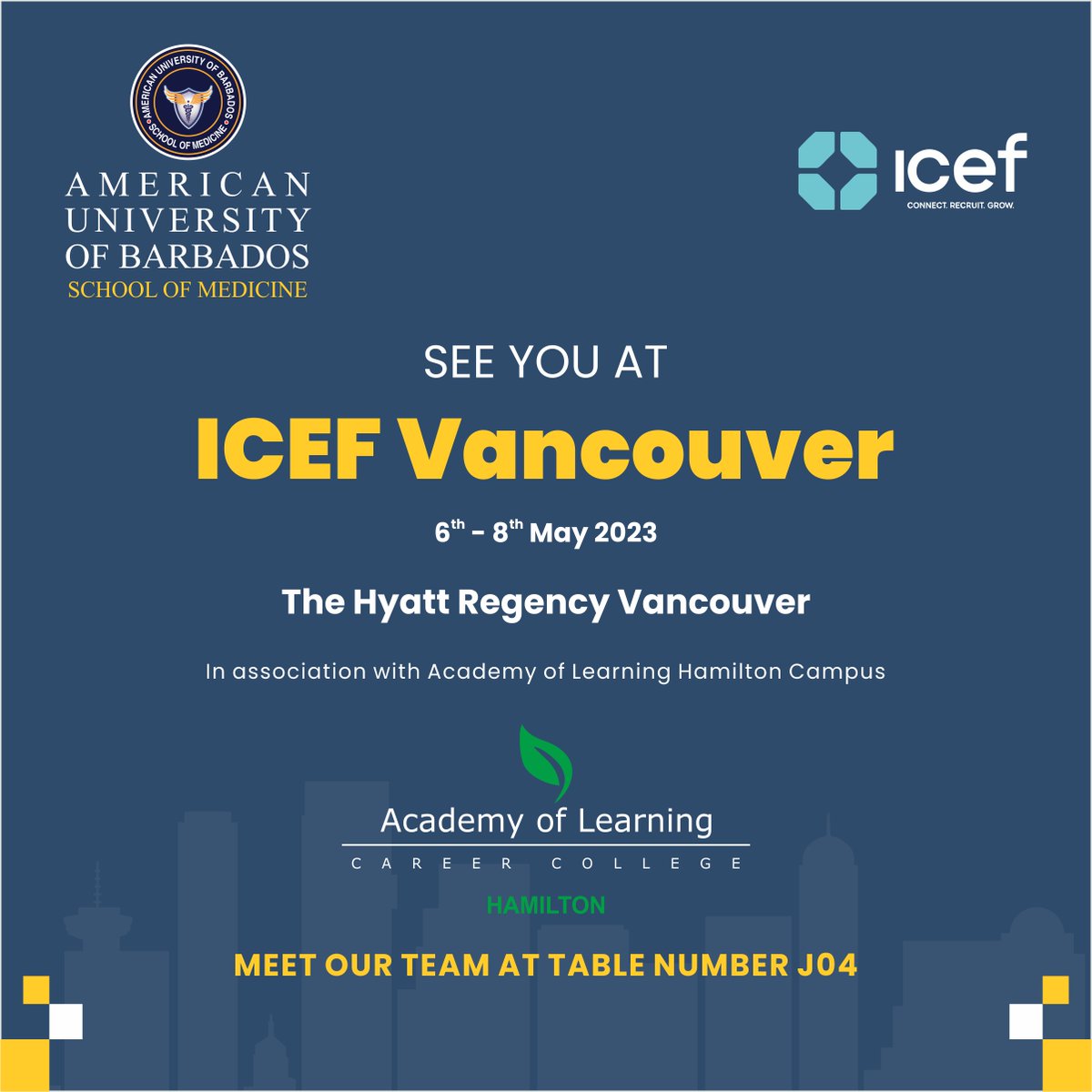 #AUB is participating in the #ICEFVancouver from May 06 to 08, 2023 at the Hyatt Regency Vancouver. Looking forward for positive and strategic relations in the #Canada and #USA.
For More Information:
🌐 aubmed.org
✉ info@aubmed.org
 #AmericanUniversityofBarbados