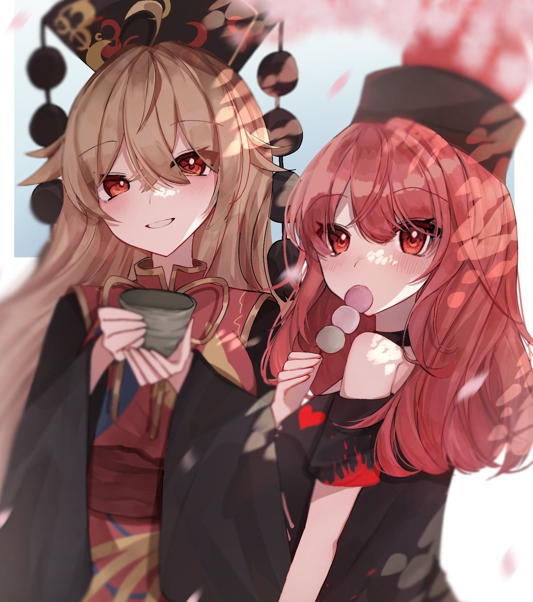 hecatia lapislazuli ,junko (touhou) multiple girls red eyes 2girls red hair polos crown wide sleeves long hair  illustration images