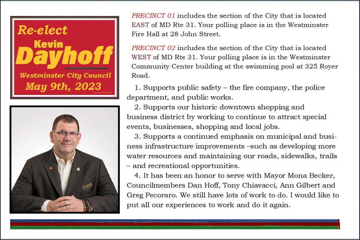 kevindayhoff's tweet photo. I am Kevin Dayhoff, and I would like to be re-elected - along with Councilmembers Ann Gilbert and Greg Pecoraro  - to remain in the three Westminster Common Council seats that are available in the upcoming May 9th city election. https://t.co/gp8pGYoPzy