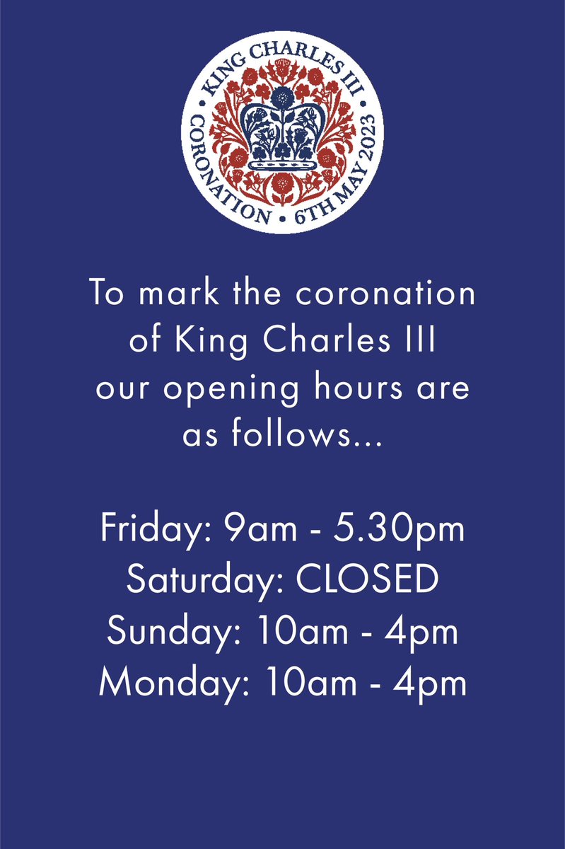 Please note - we are closed today, Saturday 6th May to mark the Coronation of HRH King Charles III. 
We will reopen as usual tomorrow 10am - 4pm.