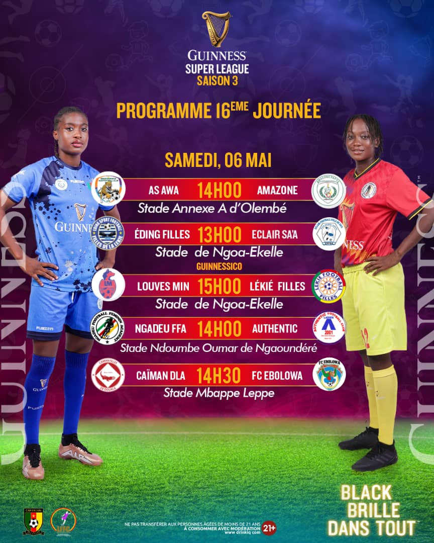 kick442_com's tweet photo. En @GSuper_League Yaoundé,
Douala & Ngaoundéré seront au cœur du #MatchDay16, ce 6 Mai 2023 dès 13 heures.
#ASAwa🆚️#AmazonesFAP
#EdingFF🆚️#EclaiFF
#Louves_Minproff🆚️#LékiéFF
#NgadeuFFA🆚️#AuthenticLadies
#CaïmanFF🆚️@FCEbolowa
#GuinnessSuperLeague3
#SupportHerDreams https://t.co/Eiv0f4xdmi