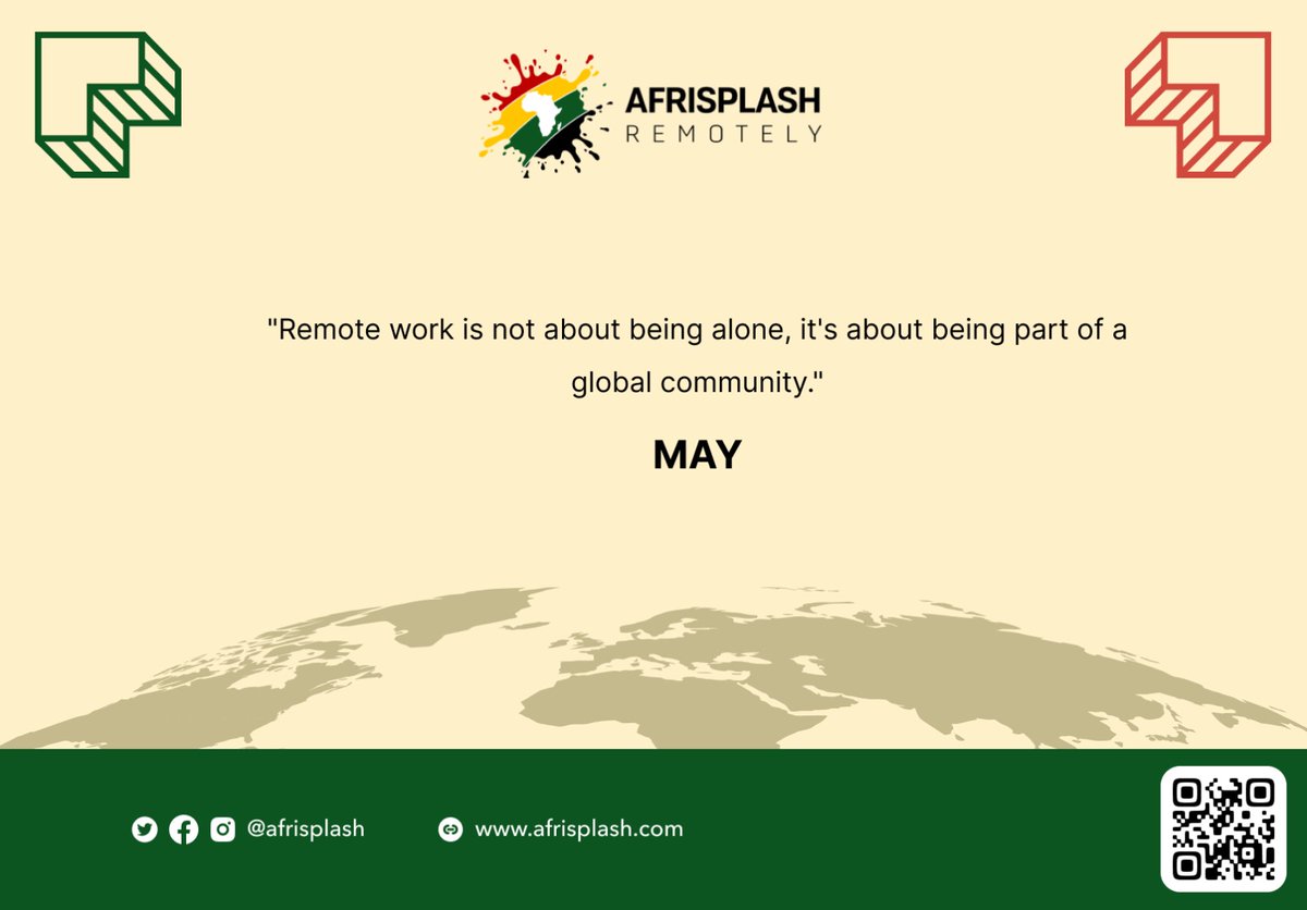 Afrisplash's tweet image. "Remote work is not about being alone, it's about being part of a global community."

Join our waitlist Now- afrisplash.com
#Remoteworkcommunity #Globalworkforce #Virtualteam #Connectedremotely #Workingtogether #Virtualcollaboration #Remoteconnectivity #Remoteworkculture