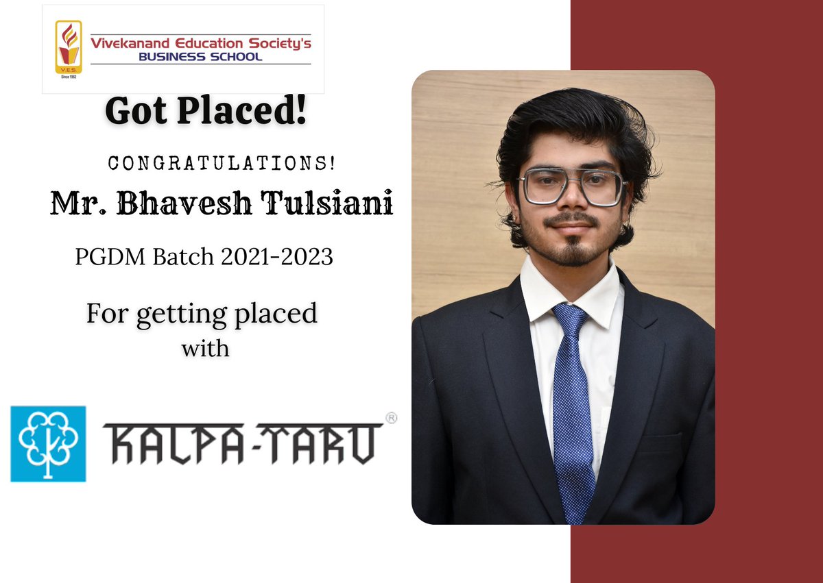 vbs_mumbai's tweet image. Success Story!!

VBS enthusiastically congratulates Mr. Bhavesh Tulsiani (Batch 2021-23) for his placement with 'KALPATARU' Best Wishes for a Happy &amp;amp; Successful future.
#VBS #vbsplacements #PGDMplacements #placements2023 #MBA #MBAplacements #vivekanandcollege #vbspgdm #MBAcollege