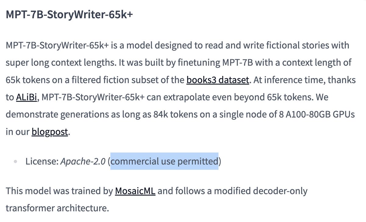 alexjc's tweet image. The original license for MosaicML mpt-7b story writer (with full commercial rights) is *void*, and was officially replaced by CC non-commercial.

It's the right move, credits where it's due! 🤝

See how fast companies move when they see legal problems? 
huggingface.co/mosaicml/mpt-7…