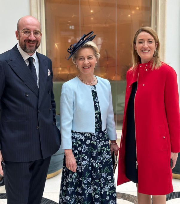 The President of the European Parliament Roberta Metsola (right), the President of the European Commission Ursula von der Leyen (centre) and the President of the European Council Charles Michel (left) in London, for the Coronation of His Majesty King Charles III and Her Majesty Queen Camilla.
