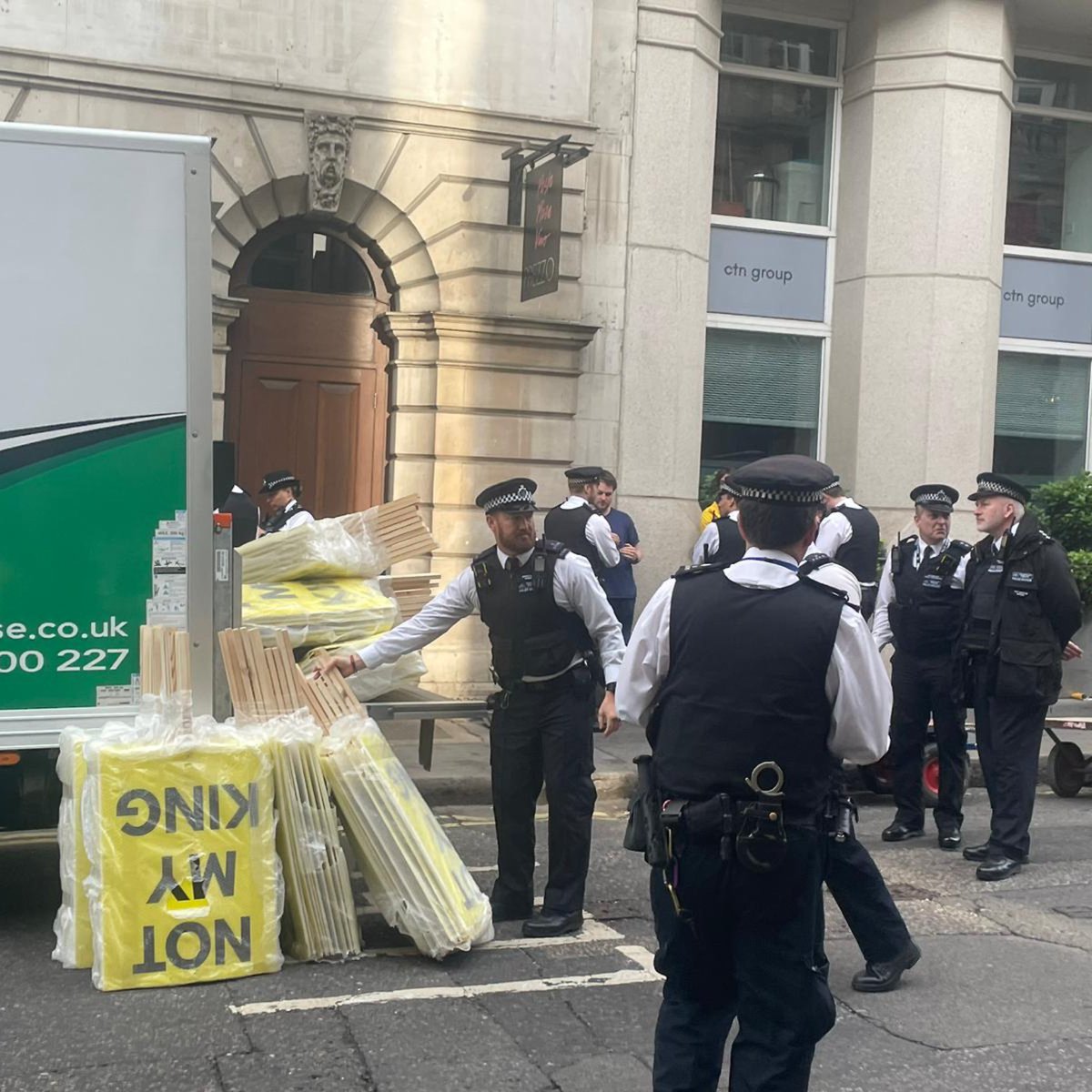 novaramedia's tweet image. Police have arrested anti-monarchy protesters and seized their placards reading “Not My King” this morning on their way to the coronation.