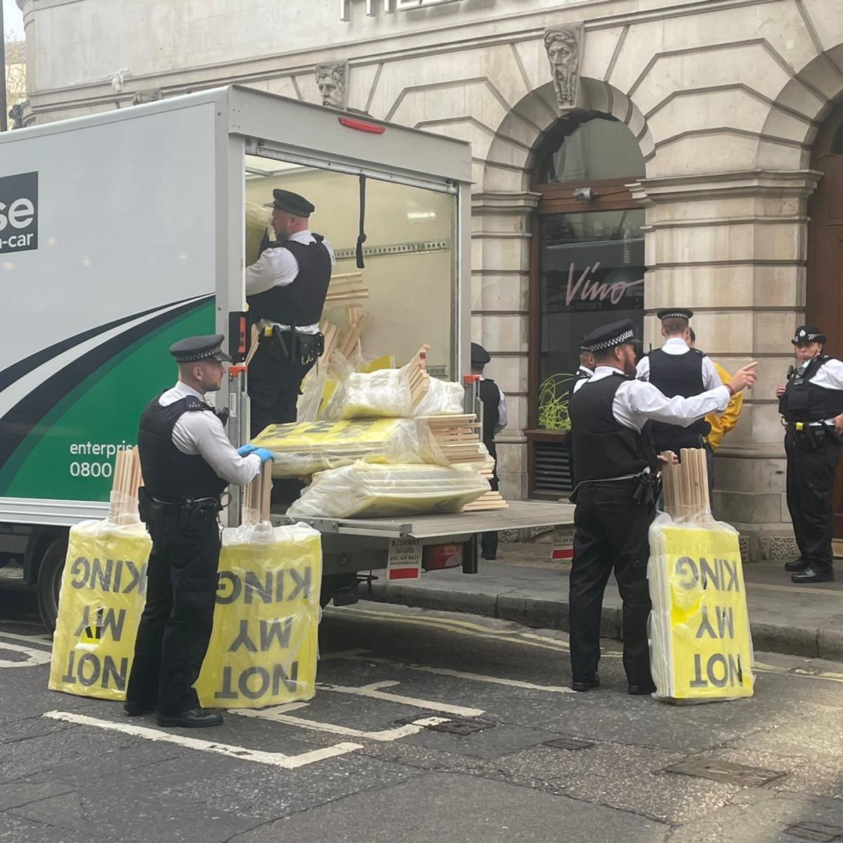 novaramedia's tweet image. Police have arrested anti-monarchy protesters and seized their placards reading “Not My King” this morning on their way to the coronation.