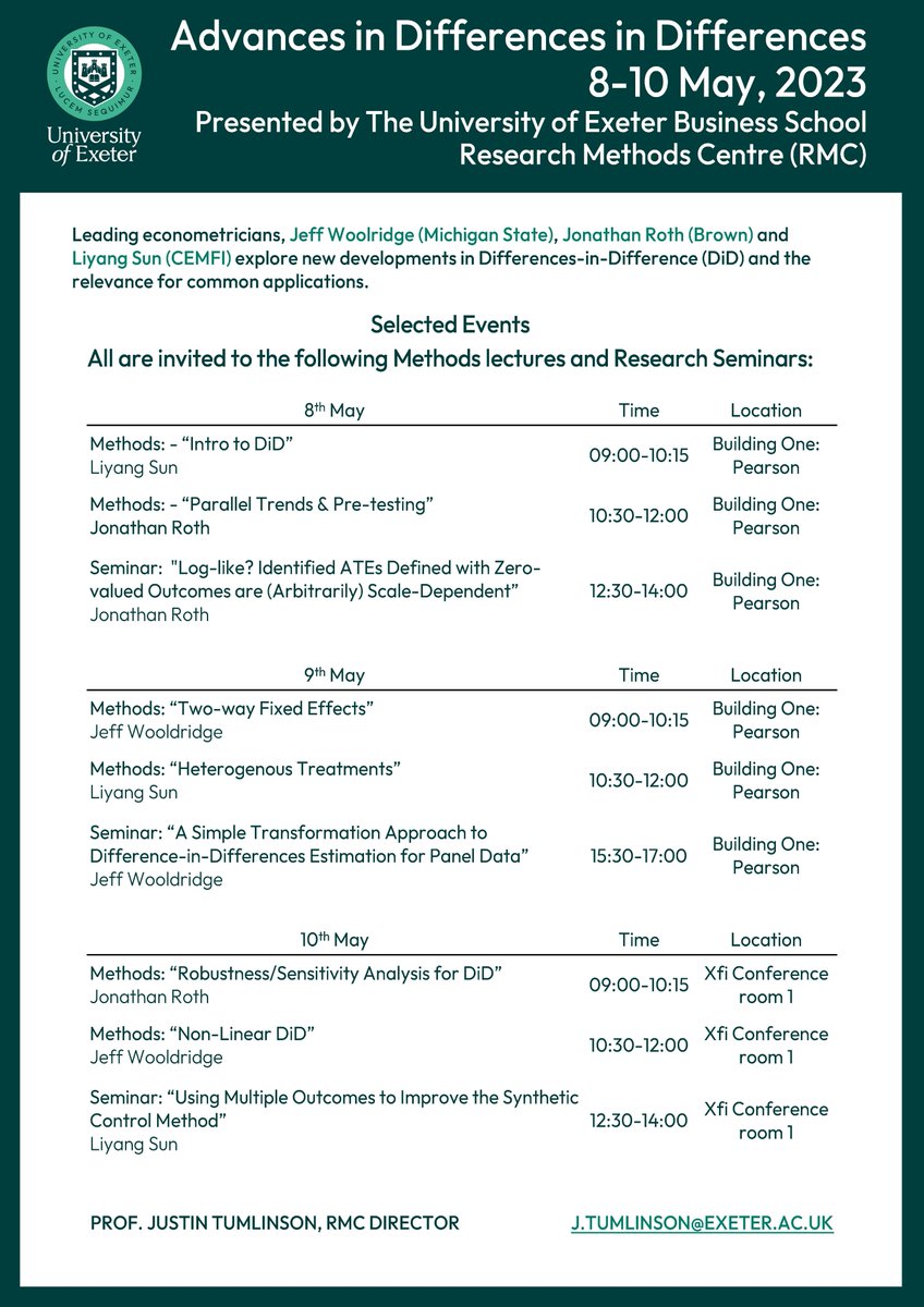 Justin Tumlinson (@justintumlinson) on Twitter photo I get to host Jeff Wooldridge (<a href="/jmwooldridge/">Jeffrey Wooldridge</a>), Jonathan Roth (<a href="/jondr44/">Jonathan Roth</a>), and Liyang Sun (lsun20.github.io) at the University of Exeter Business School (<a href="/UofEBusiness/">University of Exeter Business School</a>) this week. They'll discuss recent Advances in Differences-in-Differences, and I am going to learn a lot. I get to host Jeff Wooldridge (<a href="/jmwooldridge/">Jeffrey Wooldridge</a>), Jonathan Roth (<a href="/jondr44/">Jonathan Roth</a>), and Liyang Sun (lsun20.github.io) at the University of Exeter Business School (<a href="/UofEBusiness/">University of Exeter Business School</a>) this week. They'll discuss recent Advances in Differences-in-Differences, and I am going to learn a lot.