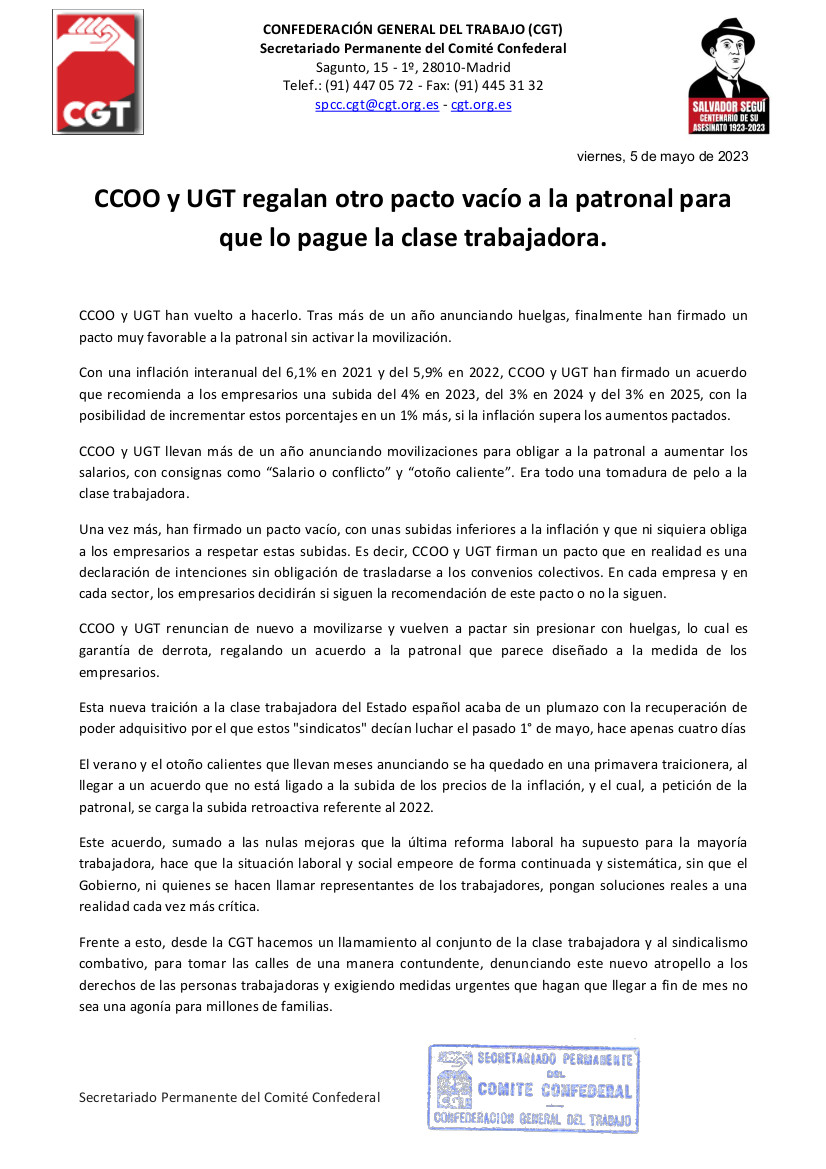 Nueva traición de CCOO y UGT a la clase trabajadora.

✔️Acuerdo x debajo del IPC  que además no es de obligado cumplimiento.

Sindicalismo amarillo para seguir empobreciendonos a todas y todos.