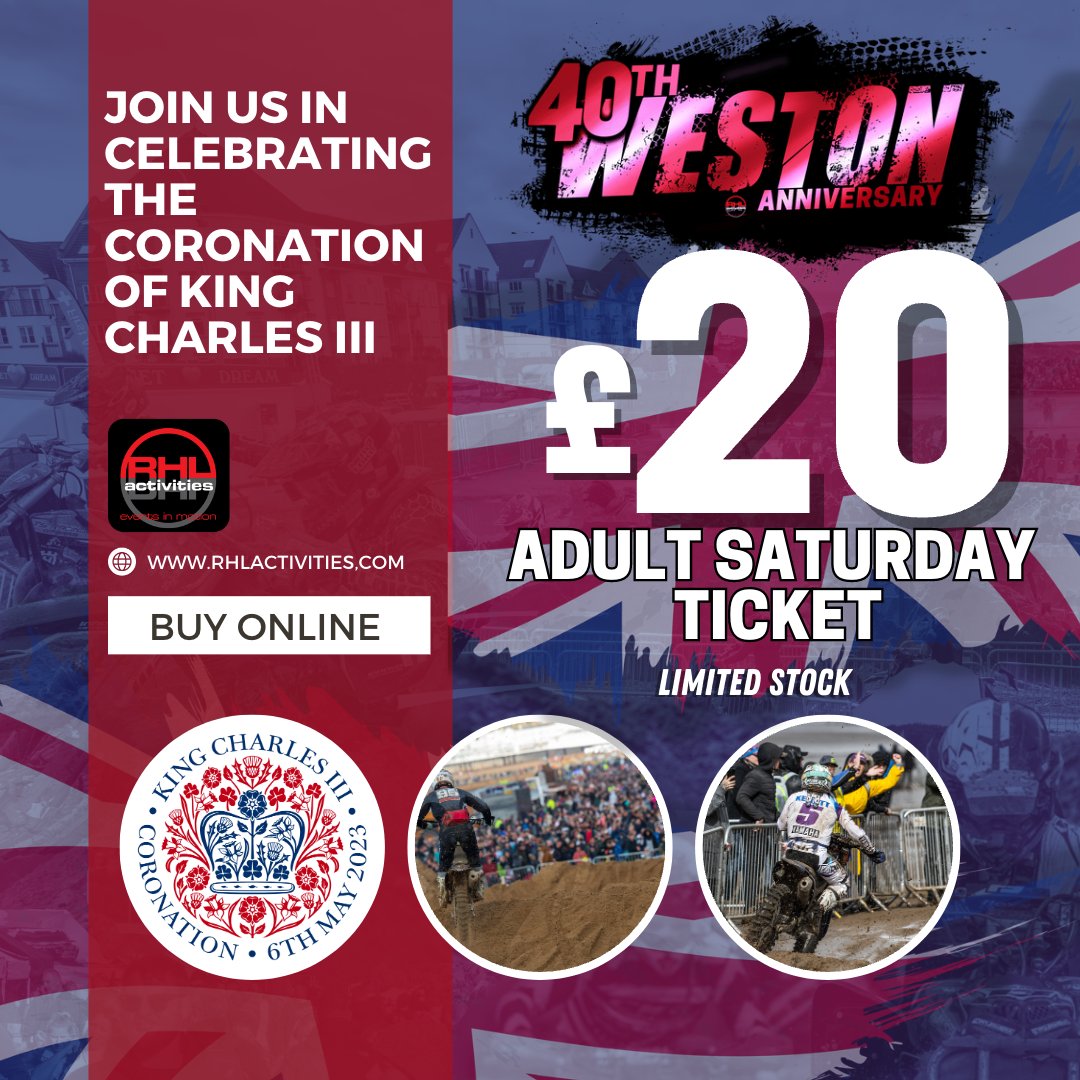 🇬🇧 Join us in celebrating the Coronation 👑 of King Charles III and pick up an Adult Saturday ticket to this years Weston Beach Race for £20.00

bit.ly/AdultSaturdayW…

#WBR40th #WestonBeachRace #SandRace #BeachRace #BeachRacing #ProMotocross  #CoronationDay #Coronation2023
