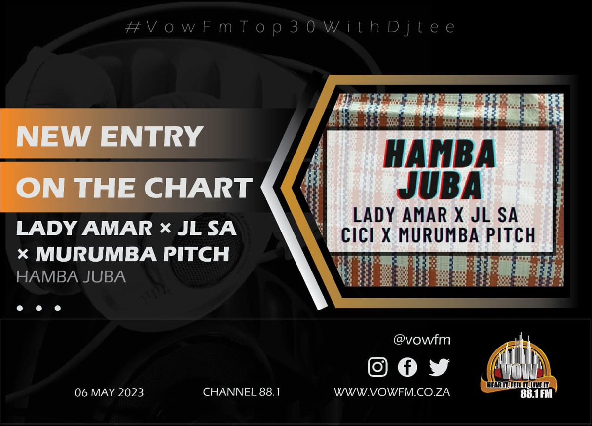 You know I got you when it comes to dope tunes, I have some new music on the @VowFmTop30 📻🔥🔥

30. <a href="/DarqueCity/">GoodKid</a> , <a href="/Sjava_atm/">Sjava indlalifa</a> - MNGANI

27. <a href="/LadyAmar1/">Amar Million 🤍</a> &amp; <a href="/murumbapitch/">Murumba Pitch</a> - HAMBA JUBA

 #VowFmTop30 
#MayWorx