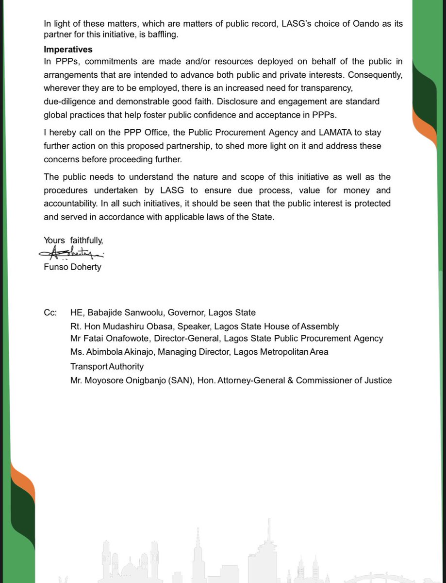 Last week Lagos State Government and Oando PLC announced the commencement of a Private Public Partnership on Mass Transit. This is troubling. Here is my letter to key LASG agencies on some of the issues of concern.