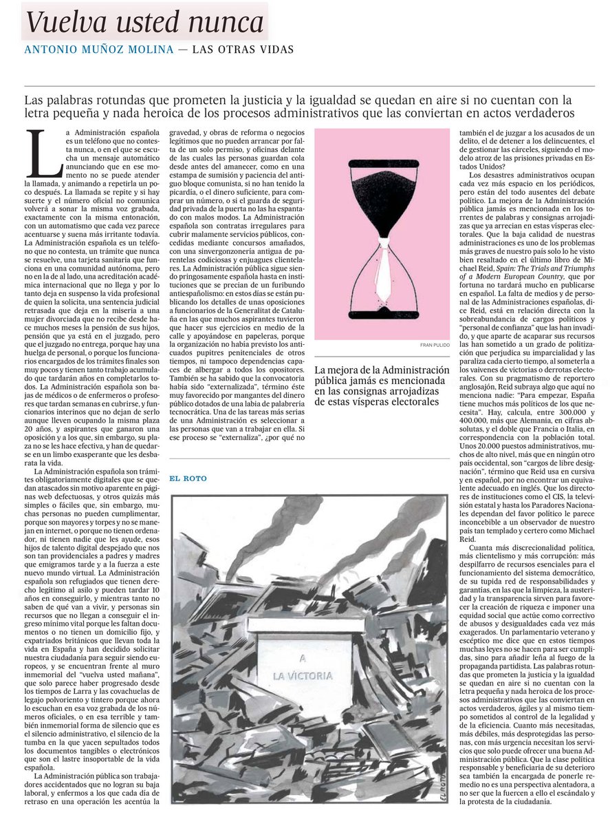 PedroCuartango's tweet photo. Un demoledor y atinado relato de Múñoz Molina sobre nuestra desastrosa Administración. Lo peor, como él sostiene, es que los políticos no hacen nada para solucionar esta pesadilla. Una vergüenza que nos equipara al tercermundismo. https://t.co/oswedKNRdy