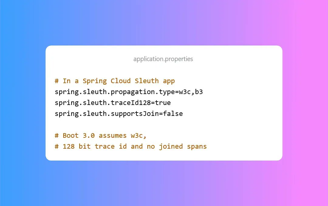 MGrzejszczak's tweet image. Hey 👋 ! Are you migrating from @springboot 2.x with @springcloud sleuth to @springboot 3.0 ? Configure Sleuth to be compatible with Boot 3 and you&apos;re ready to go! Check this migration guide buff.ly/3NJUxNs  fore more information! #Java #Observability #DistributedTracing