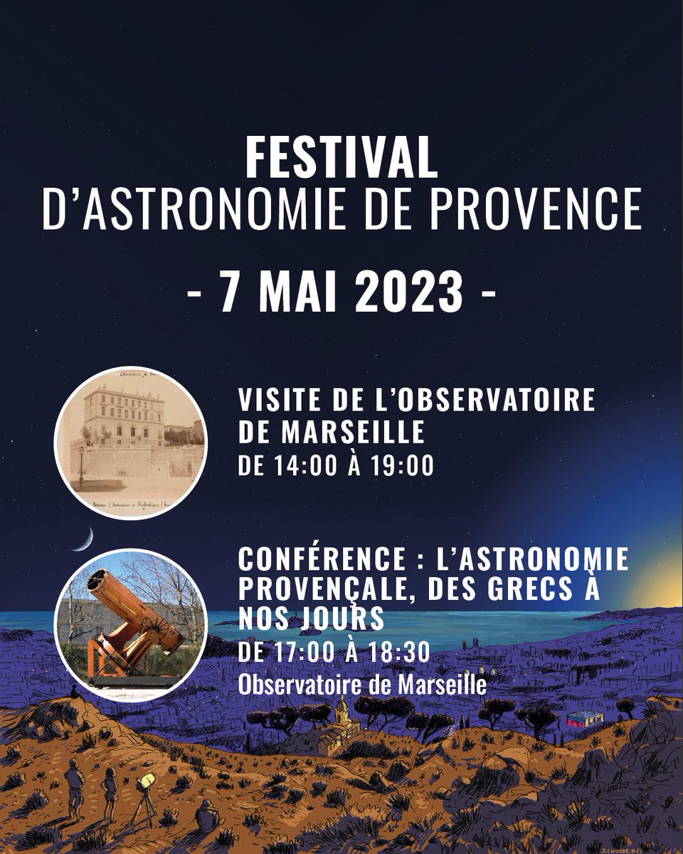 Au programme aujourd'hui du #FestivalAstroProvence : visite de l'#OM (Observatoire de <a href="/marseille/">Ville de Marseille</a>) dans le parc du Palais Longchamp (à partir de 14h) suivi d'une #conférence de M. Marcelin (<a href="/CNRS_dr12/">CNRS Provence et Corse</a> <a href="/CNRS/">CNRS 🌍</a> @INSU_CNRS) sur l'astronomie provençale, des grecs à nos jours (à 17h).