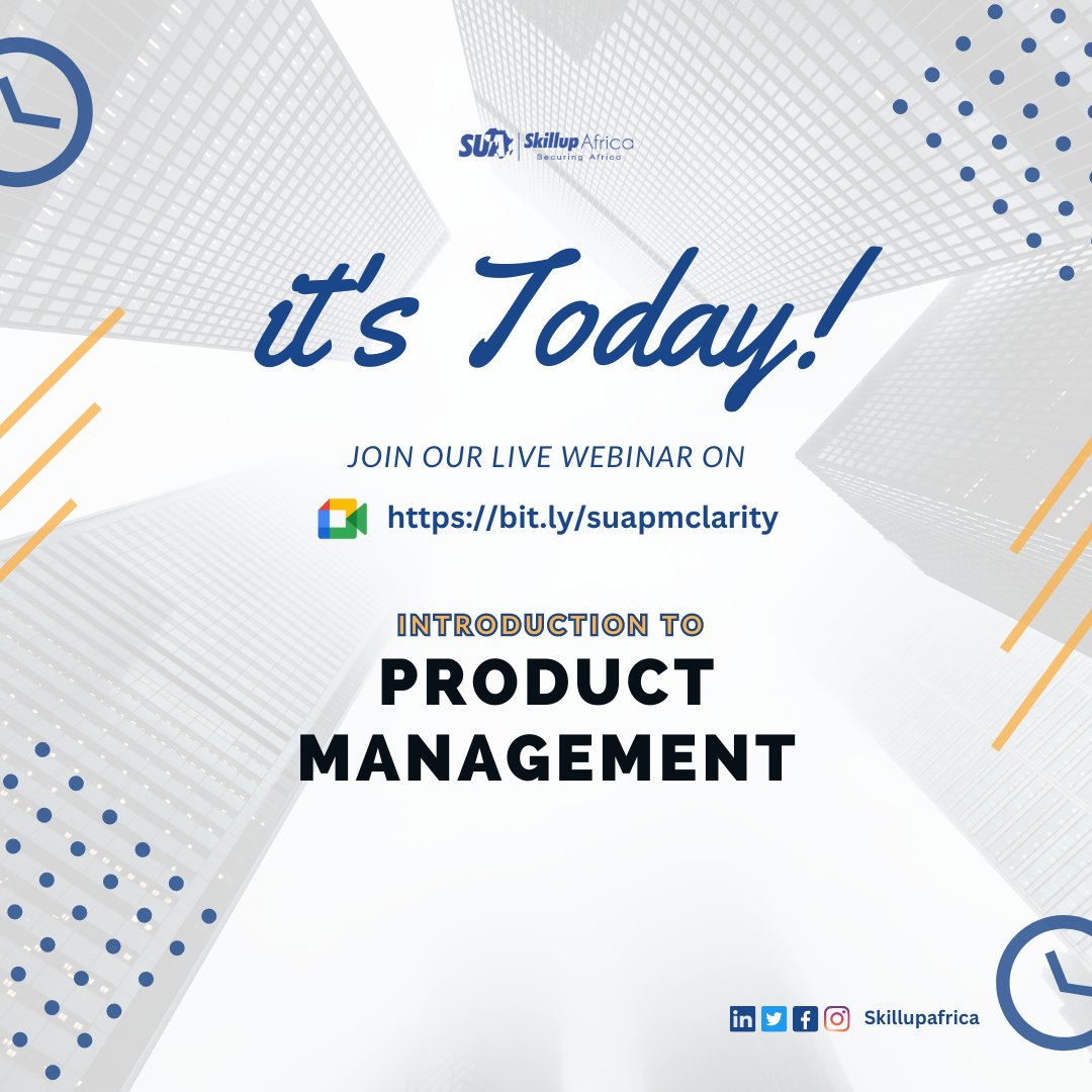 Are you thinking of starting a career in product management?
Does a career in Tech without coding make sense to you? 
Then join us LIVE for a free introductory class on Product Management via this Google Meet link bit.ly/suapmclarity

#skillupafrica #Careers #tech #webinar