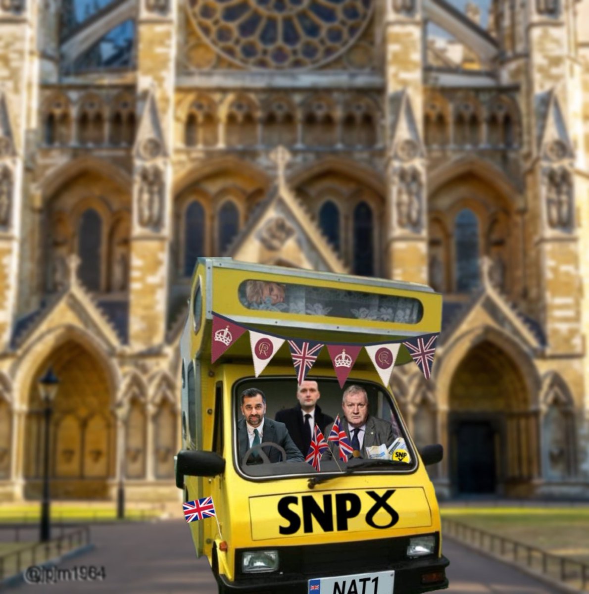 Jpjm1964's tweet photo. Nice to see @theSNP contingent arriving at Westminster Abbey nice and early this morning in readiness for the #Coronation ! #SNP #WestminsterAbbey #RoyalFamily #UnitedKingdom #humzayousaf #ianblackford #stephenflynn #SNPcampervan #PretendyRef #elsiemcselfie https://t.co/iAbhi2lOel