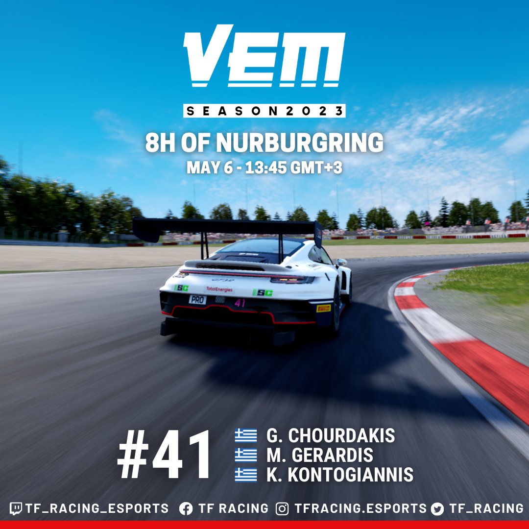 TF_Racing's tweet photo. 🇬🇷RACEDAY!
Εκκινούμε από την 6η θέση στον 3ο αγώνα του Virtual Endurance Masters στο Nurburgring.
Μη χάσετε το live στις 13:45 - https://t.co/mYxpocpCow
#beACC #simracing #esports #racing #motorsports #ACC  #AssettoCorsaCompetizione #cammus #VEM #LFM https://t.co/dyTNESRuuu