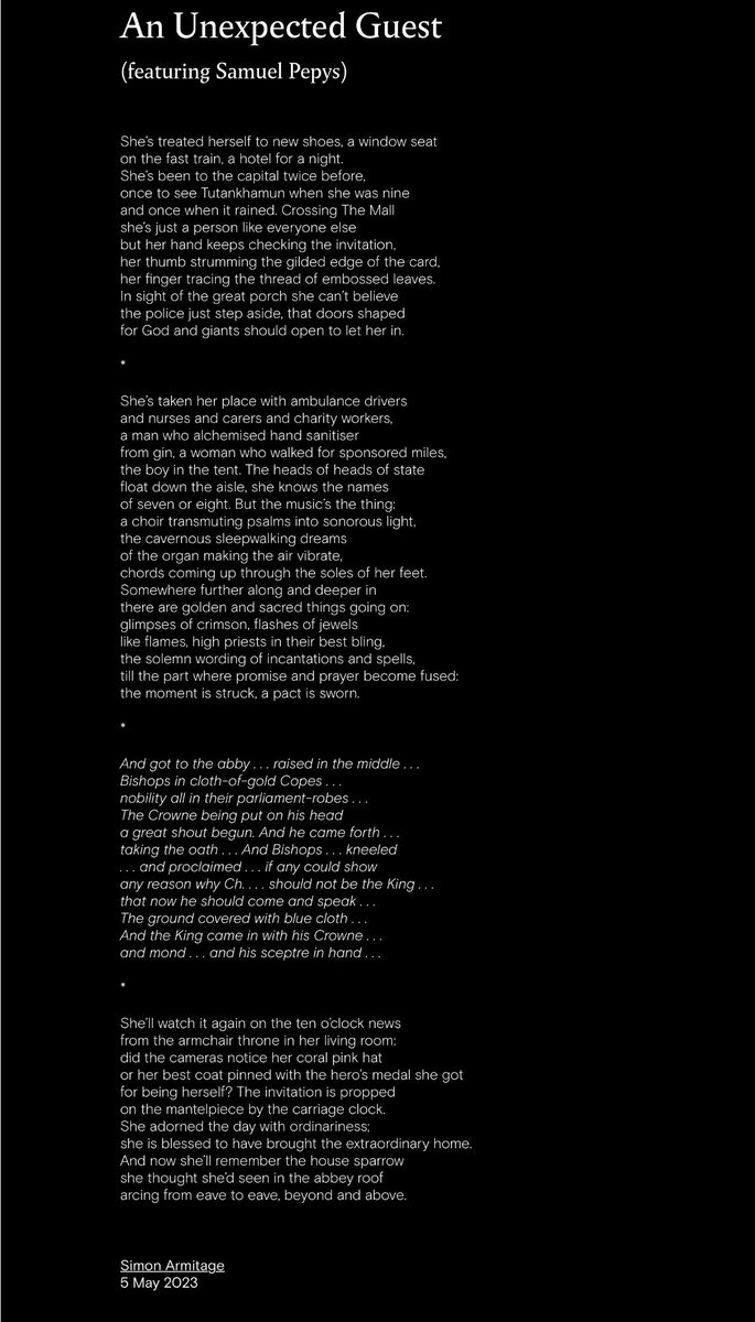 #SimonArmitage’s #Coronation poem is magical. Beautifully layered, watchful, invocatory; historically attentive & democratic. From the voice of Pepys observing a metropolitan truce in the protracted political crisis of the Stuarts, to the glimpse of King Edwin & Bede’s sparrow