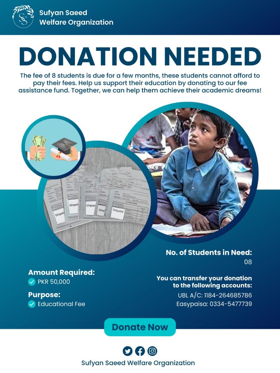 WelfareSufyan's tweet photo. Let's collaborate with Sufyan Saeed Welfare to enable fee paying students to continue their education and contribute to the  development of the community. We can make a unique double impact – on a student and their community – so both can thrive.

 *SSWO* 
#SSWO* 
#welfare* https://t.co/2ZNexHA4jy