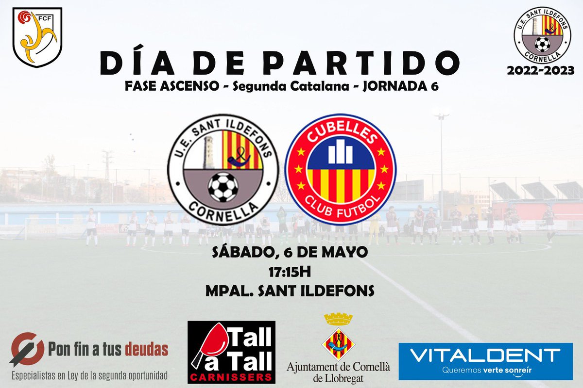 uesantildefons's tweet photo. ⚽️ 𝐃Í𝐀 𝐃𝐄 𝐏𝐀𝐑𝐓𝐈𝐃𝐎 🔥
 #PrimerEquipo 🆚 @CFCubelles 

🏆 Jornada 6 - Fase de Ascenso  
🏟 Mpal. Sant Ildefons 
🕛 17:15h 
📲 #SaniCubelles                               
 
#2cat3 #YoSoyDelSani 💙 https://t.co/jXfLF0St61