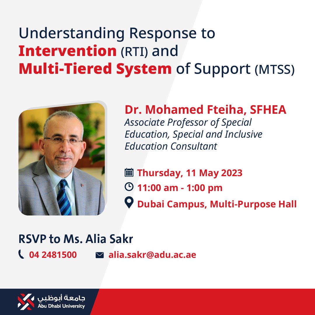 abudhabiuni's tweet image. Explore using RTI and MTSS educational frameworks to address academic and behavioral issues. Join us for this important workshop at our Dubai campus and help your students succeed! Contact Ms. Alia Sakr to reserve your place.

#RTI
#MTSS
#EducationFramework
#StudentSuccess