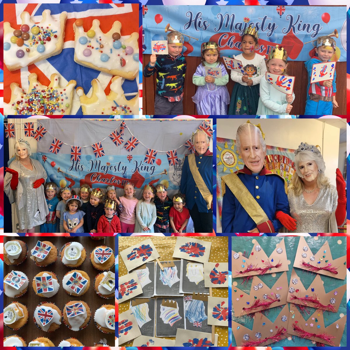 busybeesweb's tweet photo. 🇬🇧Handprint flags and bunting, coronation cakes, crown creativity, face painting and the King and Queen visited too! 👑Enjoy the bank holiday weekend! 🎉#Coronation https://t.co/f729GHe9g5