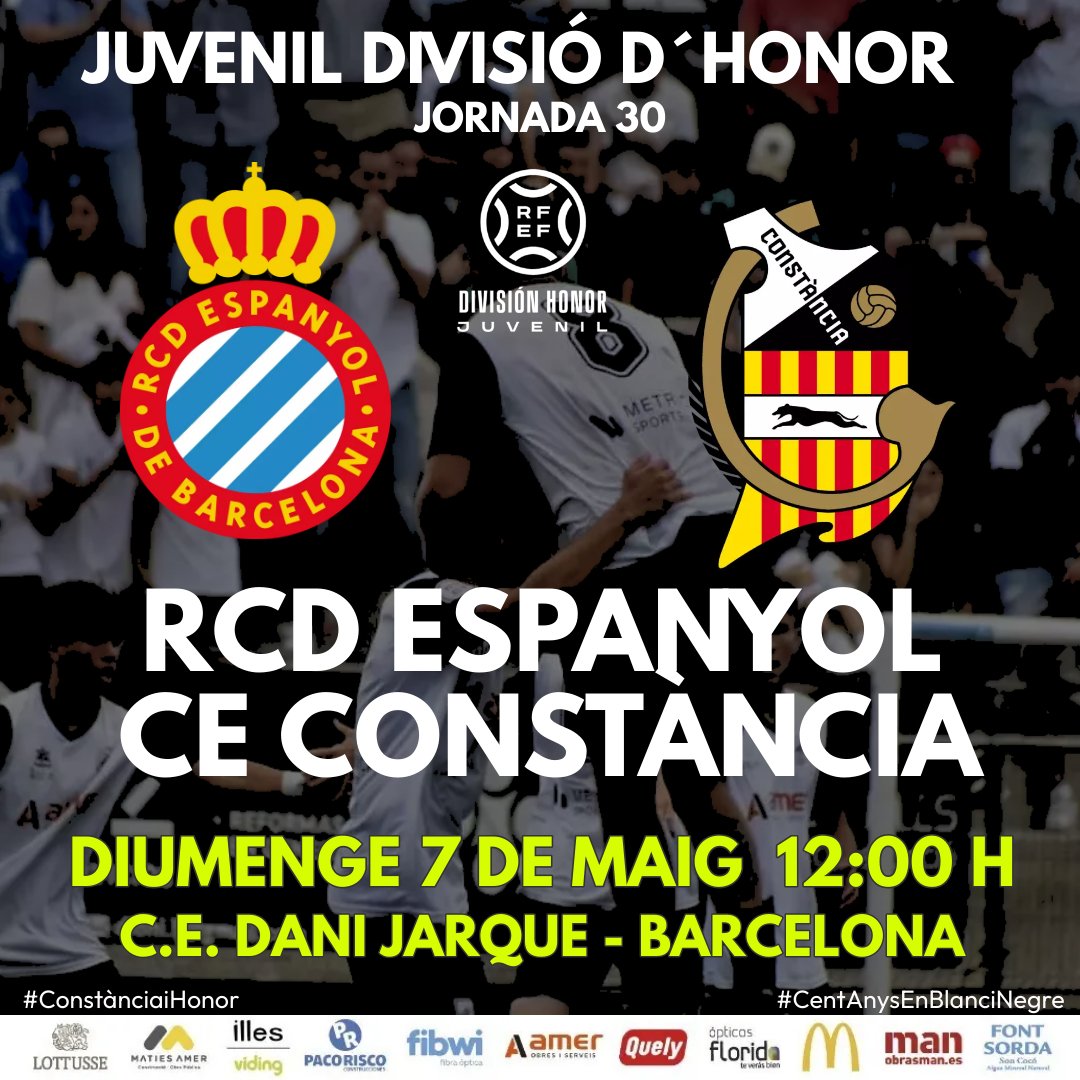 CEConstancia's tweet photo. HI CREIM!!💪
Darrer partit de lliga de Juvenil Divisió d'Honor

Demà 07/05/2023
@RCDEFutbolBase 
@CEConstancia 
⏰ 12:00 H
🏟️ C.E. Dani Jarque

#ConstànciaiHonor
#CentAnysEnBlanciNegre https://t.co/xFv9sclG0D