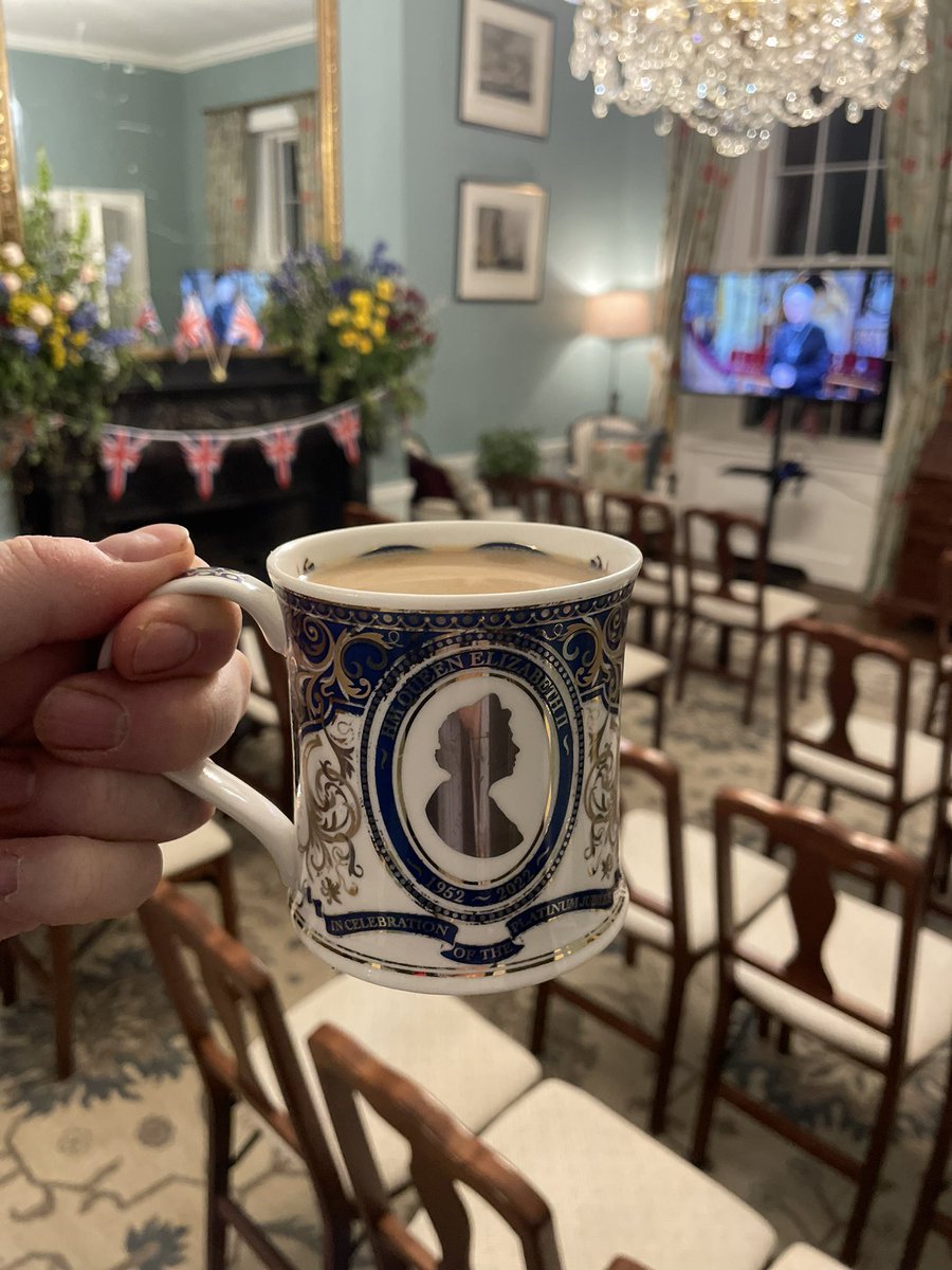 It’s not yet dawn here in #Boston but I’m up to get ready for our live-streaming of the #Coronation here at the Residence! And I couldn’t start this day of all days without a cup of tea from <a href="/whittarduk/">Whittard of Chelsea</a> in my Platinum Jubilee mug from <a href="/TheBeesKnees11/">The Bee's Knees</a> in Acton, Mass.! 🇬🇧 👑