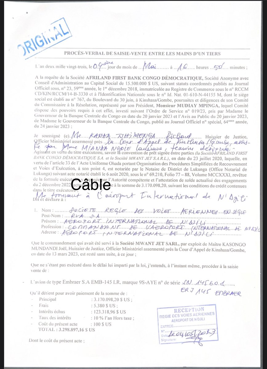 ebalemozindo's tweet photo. #RDC: TRANSPORTS.
Afriland Bank a saisi l’avion Embraer 145 immatriculé 9S-AYE de #MwantJet le jeudi 4 Mai 2023 pour une créance de 3.200.000 dollars américains impayée depuis 14 mois. https://t.co/7kspZG04Nh