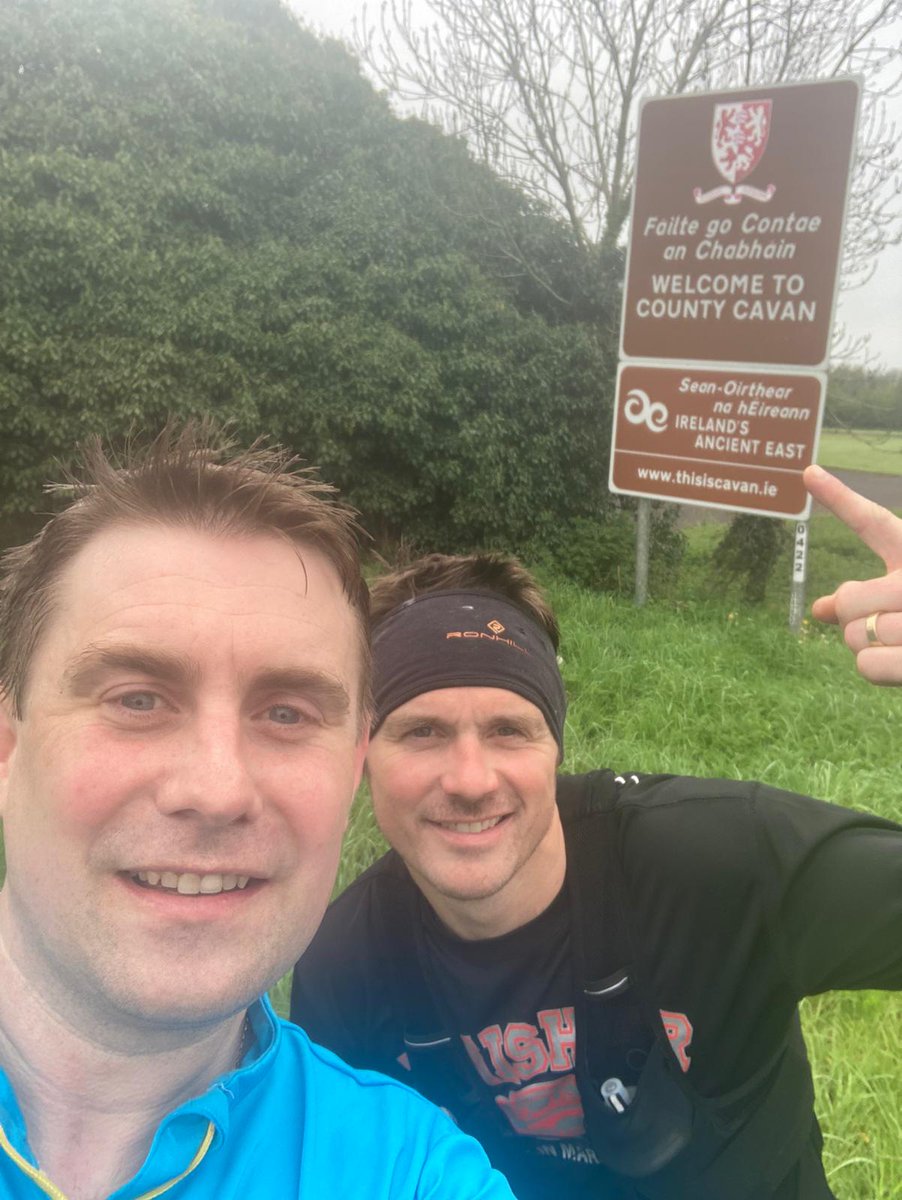 If you're driving on the N3 between Cavan & Virginia in the next few hours & see this pair or Cormac Lewis (in black) running. Beep to encourage him. He's on the final part of a 100 mile run home to Cavan Town. #monstermentality