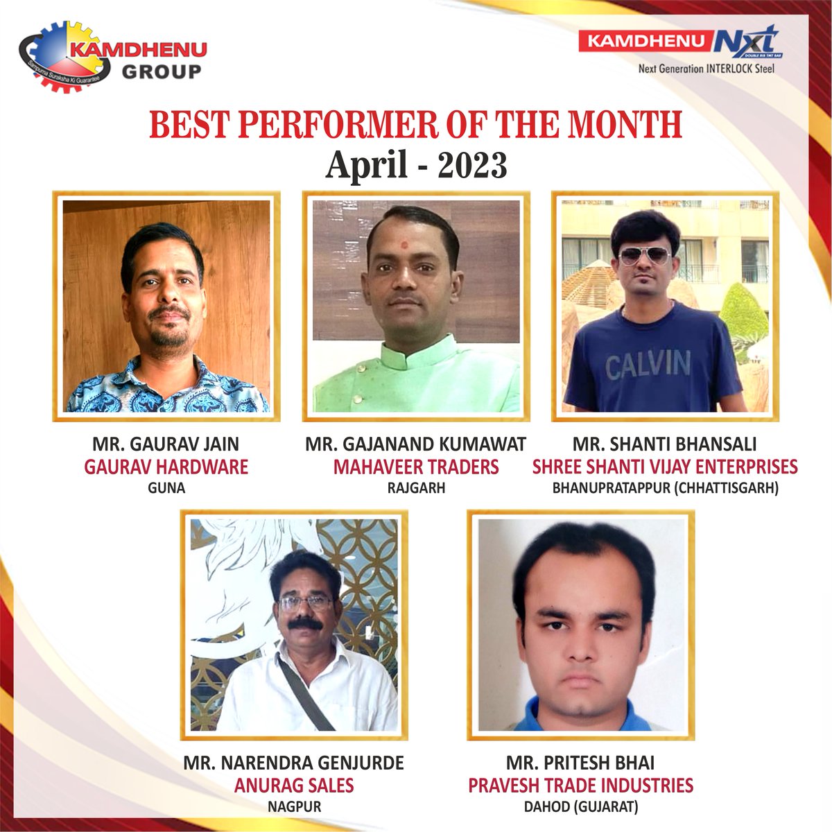 The pursuit of excellence is a continuous journey & it's inspiring to see our top performers for April 2023 making steady strides in achieving their business goals. Kamdhenu Group is proud to recognize their hard work & commitment.

#DealerOfTheMonth #BestPerformer #KamdhenuGroup