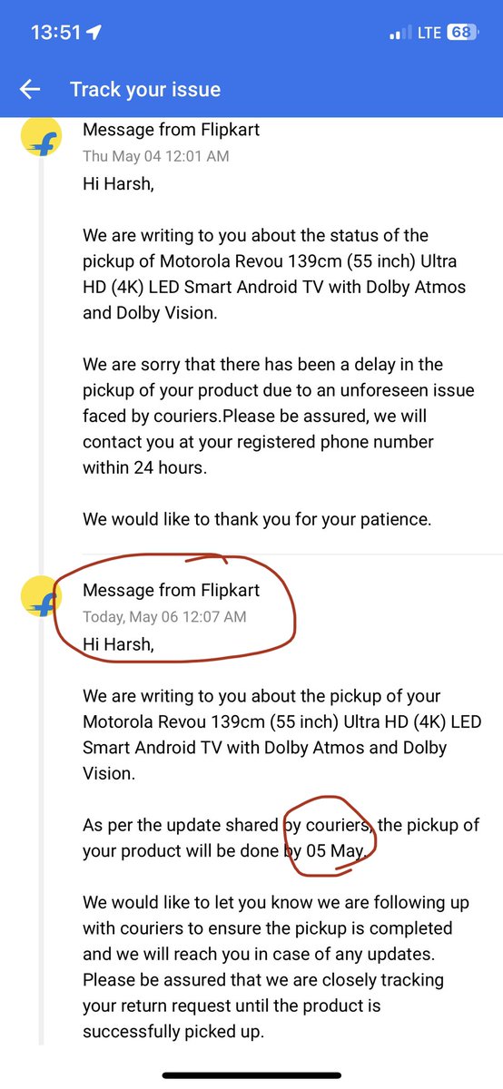 harsh_pareek's tweet photo. @flipkartsupport thanks for sending me the update on 6th may that my tv will be picked up by 5th may and the team is working on it. Look at the lies you tell. Its been 3 weeks and my issue still remains unsolved. #fraudflipkart #liers #cheaters https://t.co/SucYQZOmdI
