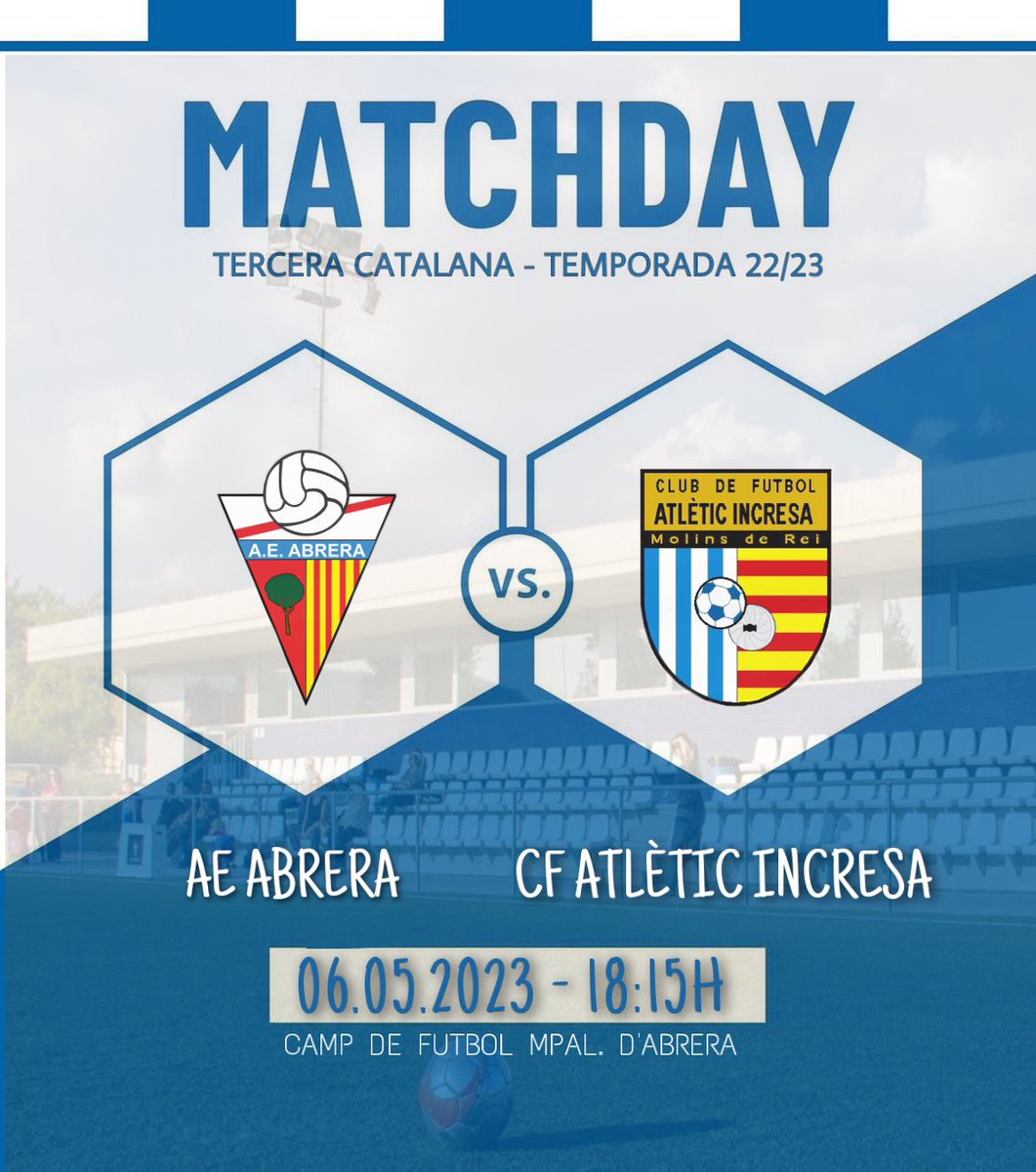 Primer equip | Jornada 29

⚽️⚔️ MATCH DAY ⚔️⚽️ 

🆚 <a href="/ae_abrera/">AE Abrera</a> 
📅 Dissabte 6 de Maig
⏰ 18:15
🏟️ Camp de Futbol Mpal. d’Abrera

#Sisasisa #SentimentIncresa #3cat8