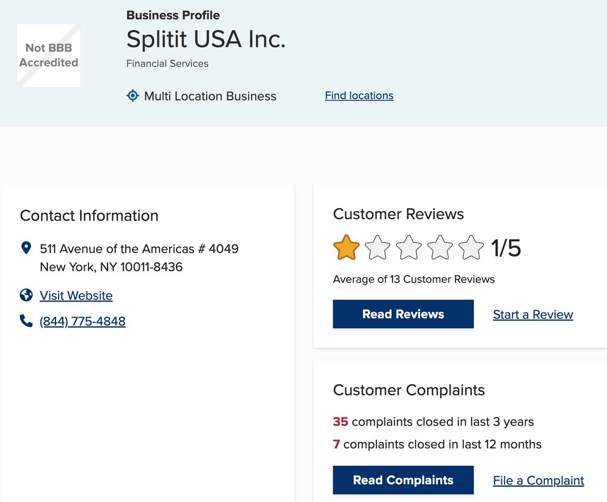 If you're thinking of using <a href="/splitit/">Splitit</a> for a large purchase, DON'T. It's a scam, doesn't work as advertised and will lower your credit score if you're unlucky enough to get your transaction approved. But don't just take my word for it, this is their BBB profile: