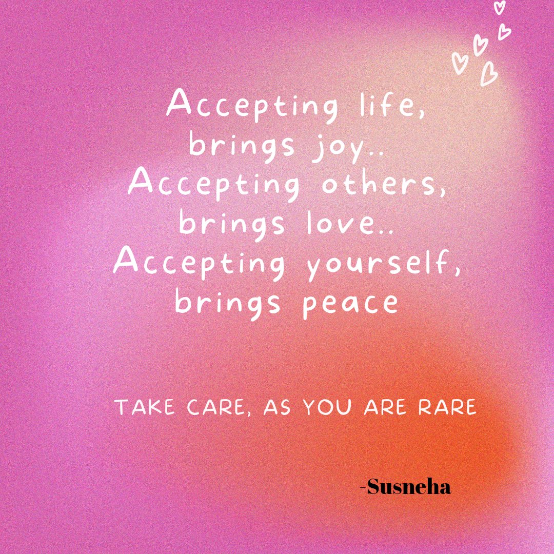 Accepting life, brings joy.. 
Accepting others, brings love.. 
Accepting yourself, brings peace.. 

#loveyourself #peace #joy #positivevibes #easyrelationship #spreadhappiness #thoughtfulquotes #insight
