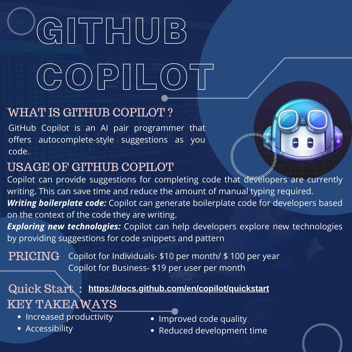 Lovyjain18's tweet image. Revolutionise your coding experience with GitHub Copilot - the AI-powered assistant that's changing the game for developers. Get ready to level up your productivity and creativity with this powerful tool. #GitHubCopilot #AIforDevelopers #CodingRevolution #Productivity