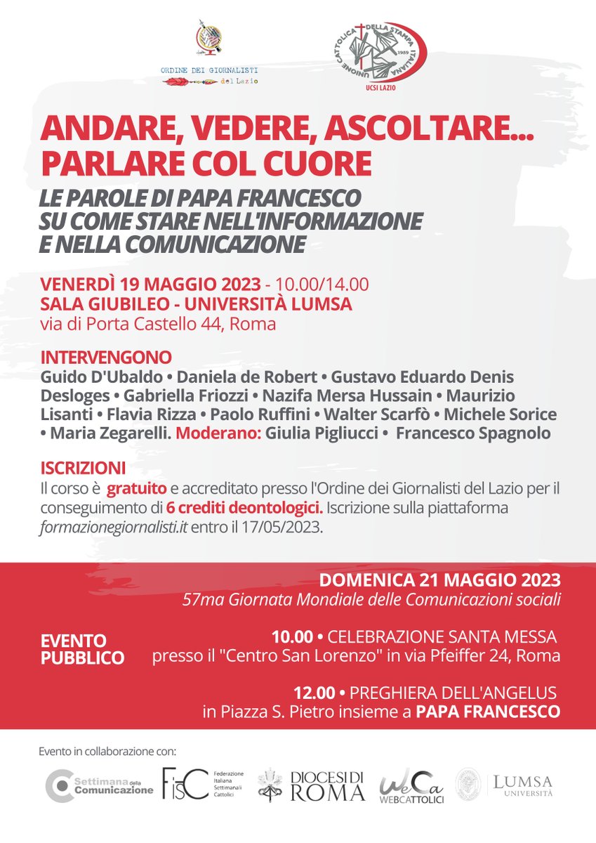 🔴Giornata Mondiale delle Comunicazioni social 2023: gli eventi di <a href="/UcsiLazio/">UCSI Lazio</a>. ▶ Venerdì 19, corso di formazione alla <a href="/UniLUMSA/">Università LUMSA</a> (6 crediti <a href="/odglazio/">OdG Lazio</a>). ▶ Domenica 21, Santa Messa e Angelus in piazza S. Pietro con #PapaFrancesco. <a href="/UcsiSocial/">Ucsi Social</a>