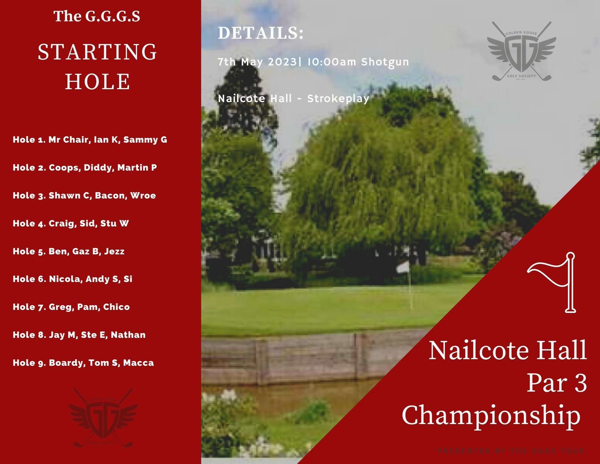 GoldenGooseGolf's tweet photo. Looking forward to our annual Par 3 Championship round at @NailcoteHall always a pleasure to see and be hosted by the man himself @lordwaynebas 
It truly is 1 of the gems of the midlands and nothing can compare 🏌🏻‍♂️🙌🏻
#golf #golfsociety #par3 https://t.co/x8dMMCOHFo