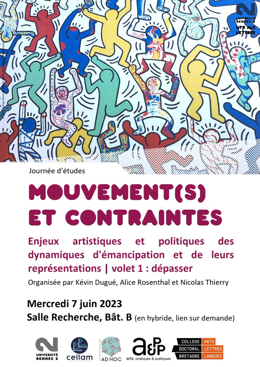 AdHocCellam's tweet photo. Notre journée d’étude « Mouvement(s) et contraintes » approche ! 🤩 Elle aura lieu le 7 juin prochain, en salle Recherche (bâtiment B, Rennes 2). Il est aussi possible d’y assister à distance : le lien de connexion vous sera communiqué sur demande. https://t.co/YYNAp8nfa3